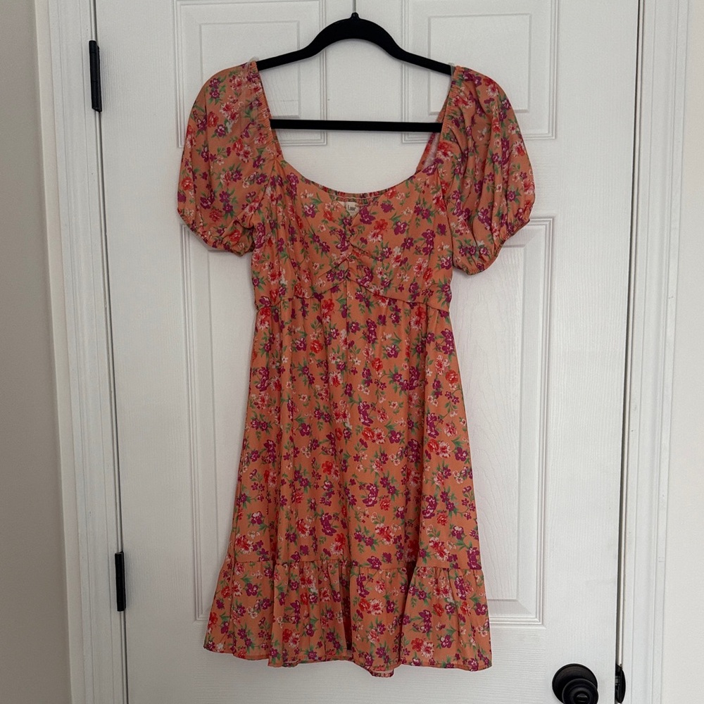 Peach Love California Floral Mini Dress in Pink and Orange